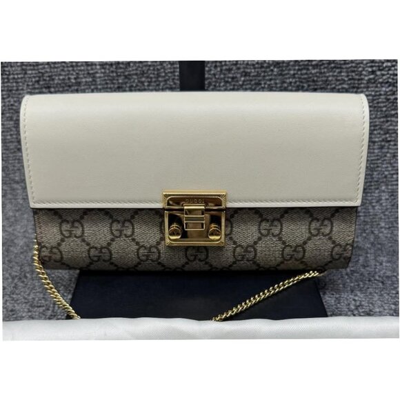 GUCCI Padlock Wallet On Chain Brown&White Canvas Tote 550-071525 - Picture 2 of 13